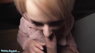 Short haired blonde teen gets picked up by Public Agent at the bus stop