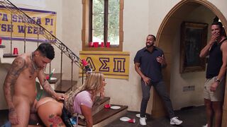 The busty housekeeper gets fucked hard by a group of horny college guys