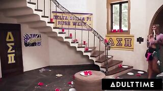 The busty housekeeper gets fucked hard by a group of horny college guys