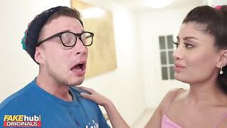 Indian teen licks cum off dork's glasses after he cum on his face
