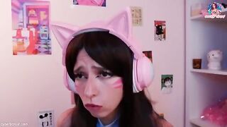 Gamer girl in Dva Overwatch cosplay, riding dildo and sucking cock while playing