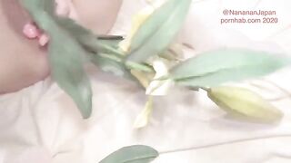 Bukkake and blowjob while putting flowers in the ass of a shaved girl in a neat floral dress