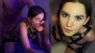 Hot brunette in harness, sucking and jumping on my dick - her cum face is just priceless