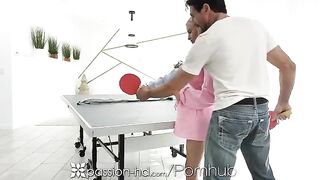 The guy did not believe the girl and fucked her by the ping-pong table