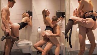 Pervert dude fucks his step sister in the bathroom wearing sexy mini dress and stockings