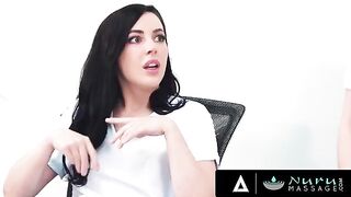 A sexy brunette and her colleague get fucked by their friend