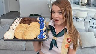 The motivated girl scout is teasing with cookies before getting down to business in a steamy POVD scene