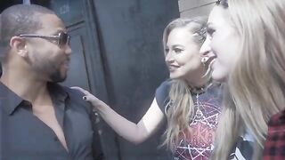 Two stunning women share a lucky guy's impressive endowment in a sizzling threesome