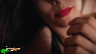 A red-lipped stepmom makes a sloppy blowjob, embodying a wild fantasy