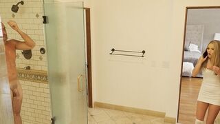 Athena Faris sneaks into the shower with her stepfather in a spy family scene