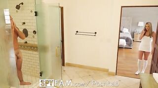 Athena Faris sneaks into the shower with her stepfather in a spy family scene