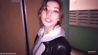 A couple has sex on the city streets and walks in their panties covered in cum