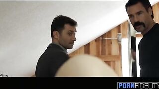Babe Lily Love takes two cocks in her tight pussy in an intense FMM threesome