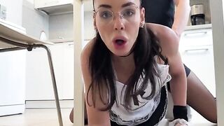 A cheeky maid playfully asks to be checked for any signs of intimacy