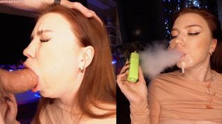 A hot girl is smoking a cigarette and making blowjob