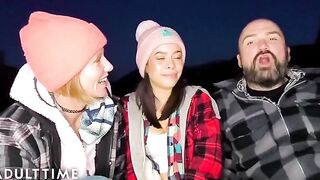 Hot polyamorous threesome in the woods with POV action and girl-on-girl fun