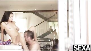 Skinny brunette fucked hard on the kitchen table, a steamy scene
