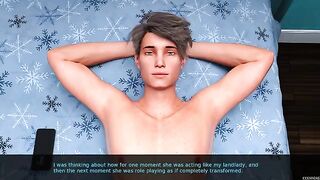 Playing PC game with animated characters, measuring cum