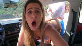 A blonde woman is getting fucked hard in a car on the parking lot