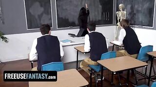 Hot teacher Valentina Nappi fucks three students hard in a steamy classroom scene