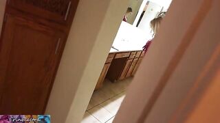 Stepmom prepares to sleep while stepson watches and rubs himself