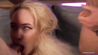 The cutie has two dicks in her mouth, showcasing an incredible blowjob skill