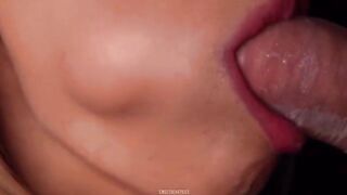Horny babe breaks condom while sucking cock and swallows all cum