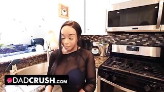 Busty ebony stepdaughter Lily Starfire seduces her stepdad by not wearing a bra at home