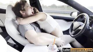 Cute girl fucks with a guy in his car in Teslas autopilot