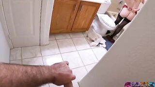 A hot stepmom takes shower after work and her stepson watches