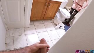 A hot stepmom takes shower after work and her stepson watches