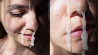 Sexual brunette with small tits fucks in doggy style and gets a huge cumshot on her face