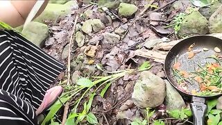 A hot single mom is cooking and having sex in the forest riverside