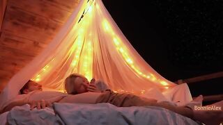 A couple has romantic sex outdoors with long foreplay and simultaneous orgasm