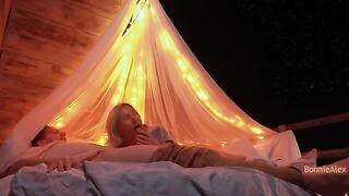 A couple has romantic sex outdoors with long foreplay and simultaneous orgasm
