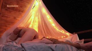 A couple has romantic sex outdoors with long foreplay and simultaneous orgasm