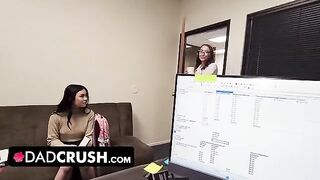 A pervert dad gets his dick sucked by his step-daughter and her friend in a steamy threesome
