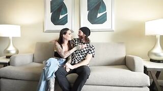 A sexy brunette gives a double blowjob to her boyfriend's big cock