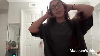 A cute Latina gives her boyfriend a blowjob and uses her glasses to please him