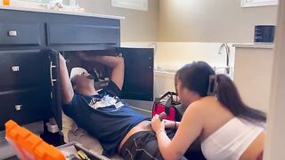 Asian woman pays for repair by giving her ass to suck