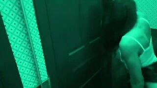 A babe is having fun with her roommate in the toilet bar
