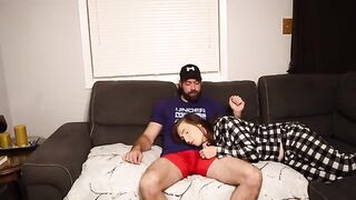 A stepson fucks his steaming-hot stepmom on a couch, risking cum in mouth