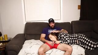 A stepson fucks his steaming-hot stepmom on a couch, risking cum in mouth