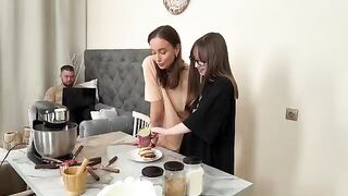 Two hot lesbians have a steamy threesome while cooking syrniki
