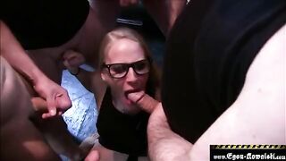 Amateur guy fucked by sexy blondie in a gangbang