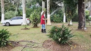 Horny friends fucked by the gardener in an intense threesome scene