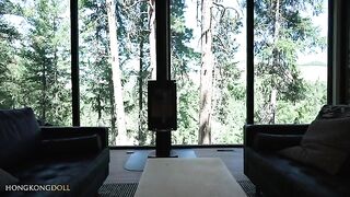 A sexy woman lives in the woods, far from civilization, in a homemade home