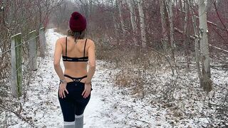 A wife is getting creampied by her husband and friend in the snow