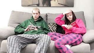 Pervert stepbrother masturbates next to his stepsister on the couch, but she gives him a handjob instead