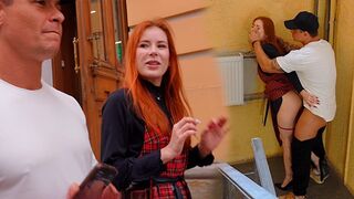 A busty girl was blowing a famous YouTuber in the corridor, then she was fucked